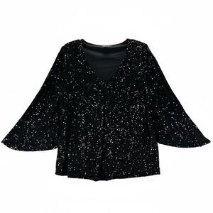 Cable & Gauge black sequin party top XL V-Neck Romantic Evening Event NYE Blouse